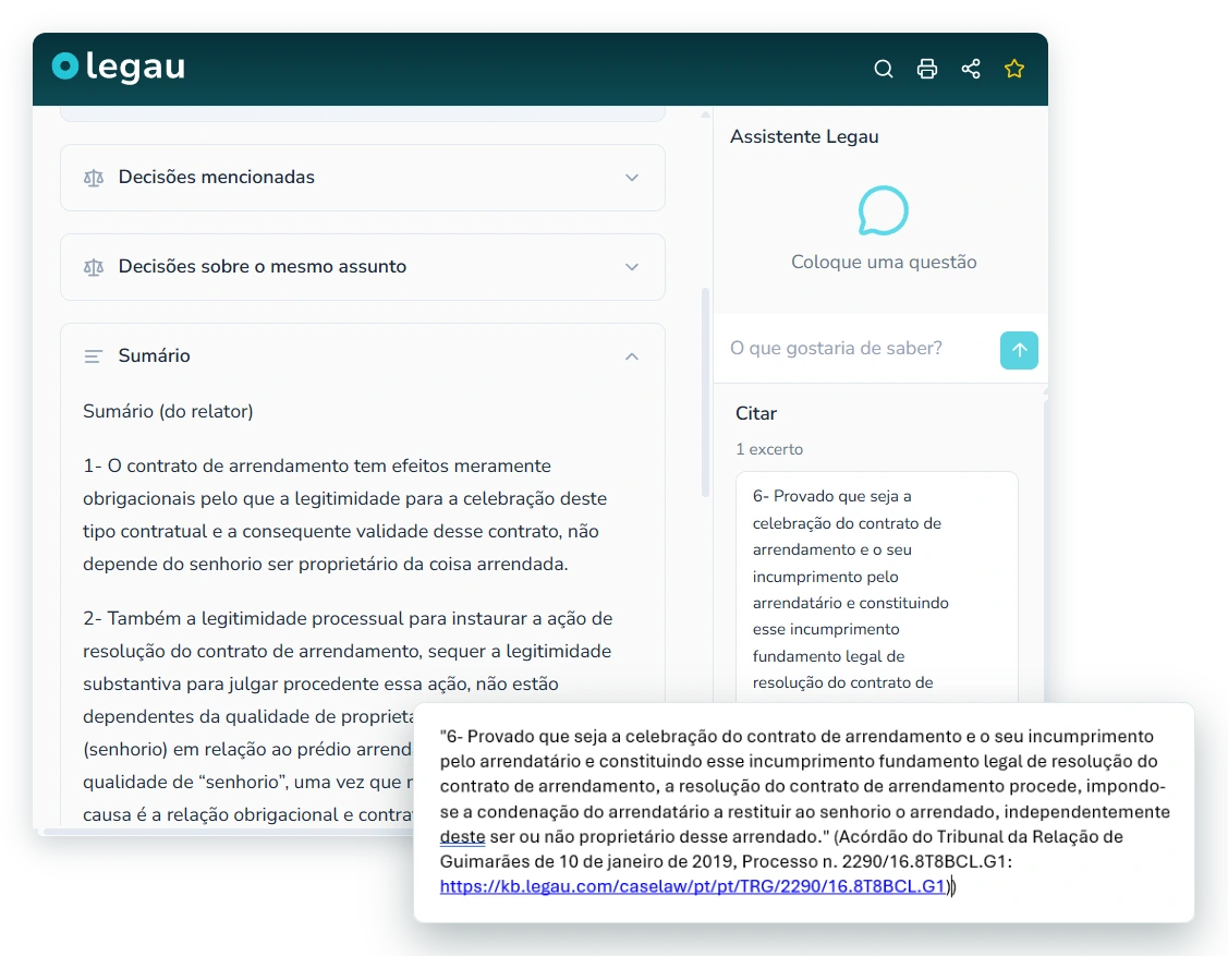 Citação automática de excertos no documento, com ligação à fonte original.